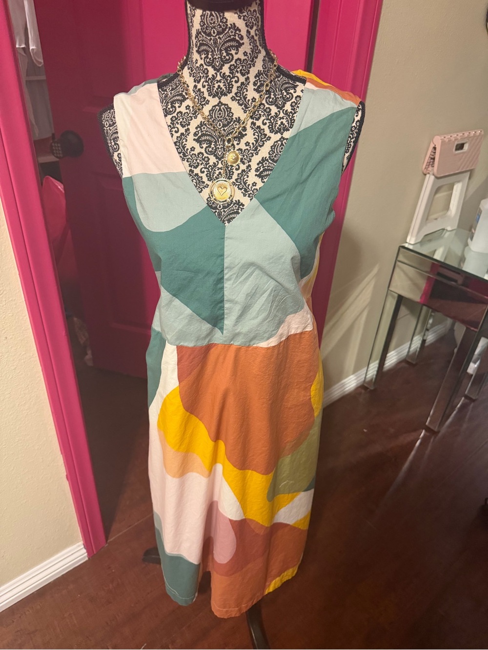 Ann Taylor Colorblock V-Neck Midi Dress in Teal, Mustard & Rust